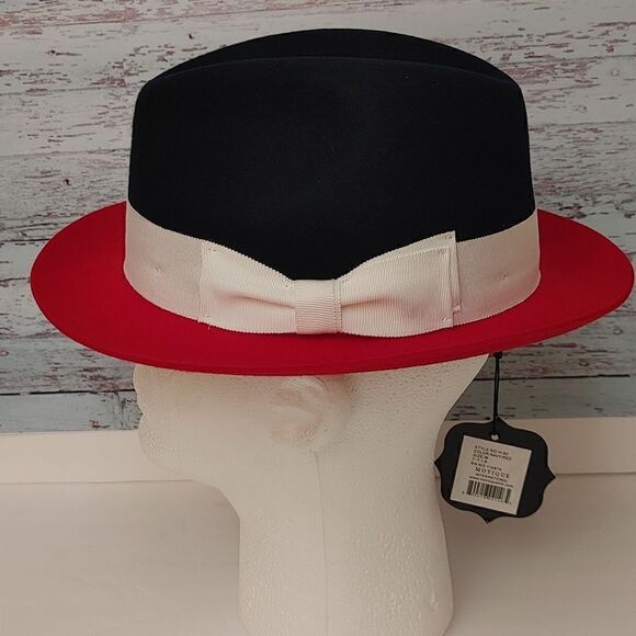 MEN'S MONTIQUE NAVY-RED 3 1/4" WIDE BRIM 100% WOOL FELT FEDORA HAT. H82. - Picture 2 of 8